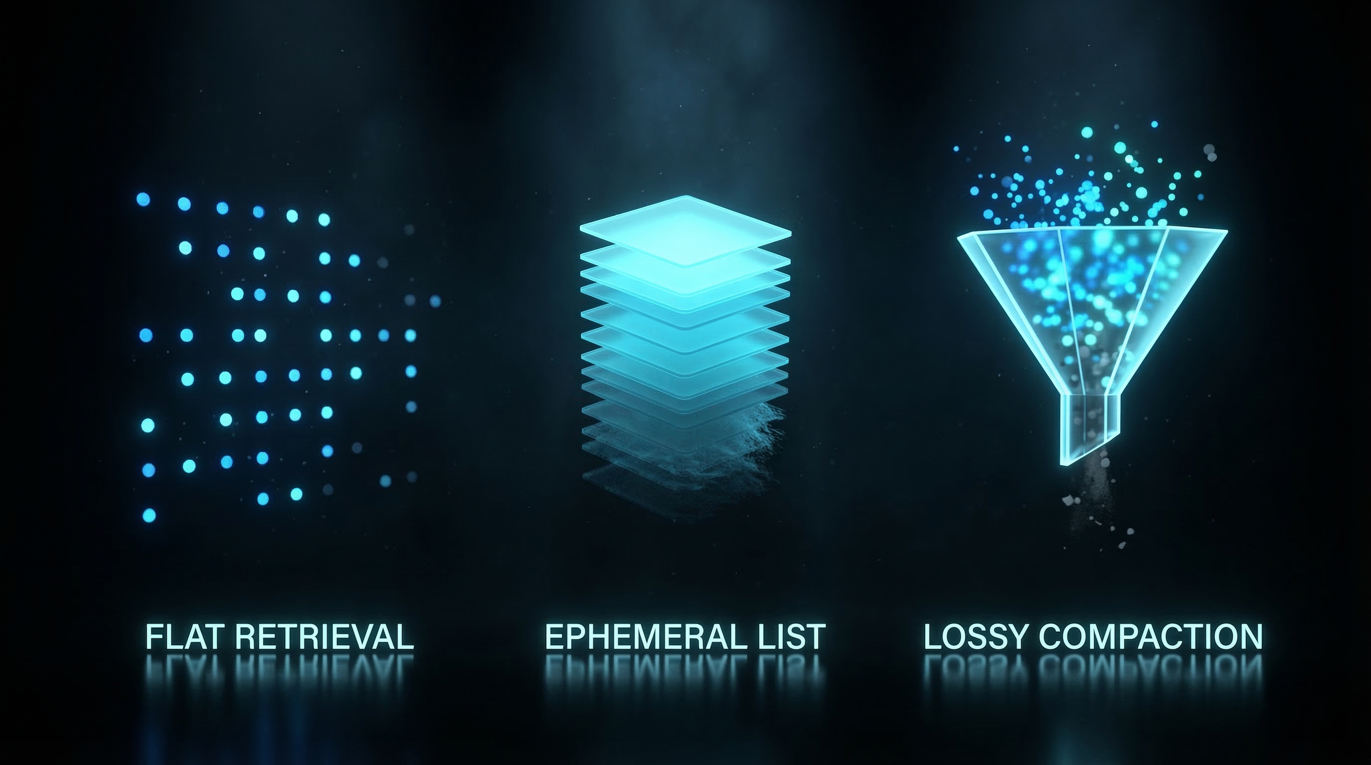 Current AI memory approaches: flat retrieval, ephemeral lists, and lossy compaction